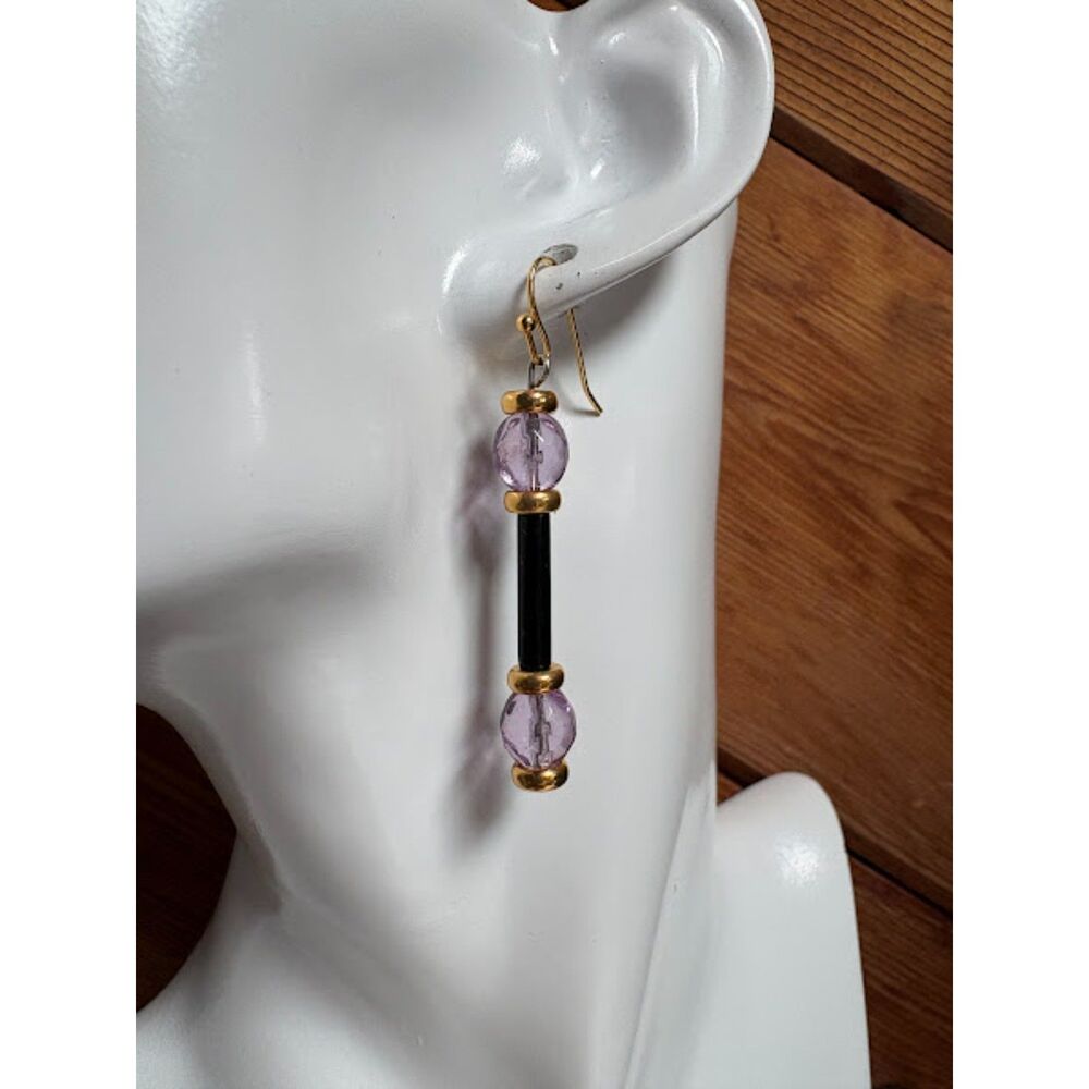 Elegant Purple Bead & Black Bar Gold Dangle Earrings – 2"